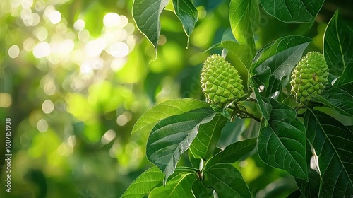 Lush Green Leaves and Cone-Shaped Fruits on Branch in Soft Natural Light with Bokeh Effect in the Background