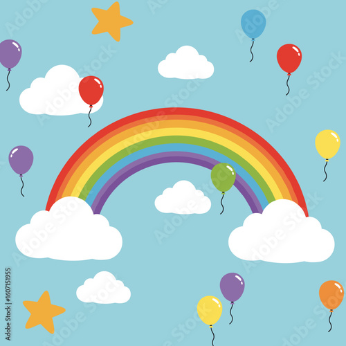 Rainbow, clouds, and flying balloons in flat vector illustration, cover for children's notebooks