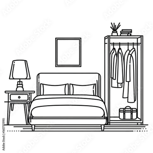 Minimalist bedroom interior design with bed, wardrobe, and modern decor elements