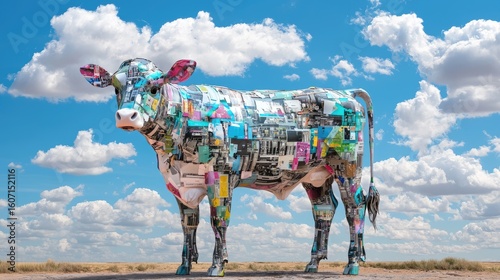 Colorful Artistic Cow Sculpture Surrounded by Beautiful Sky and Fluffy Clouds in a Creative Landscape