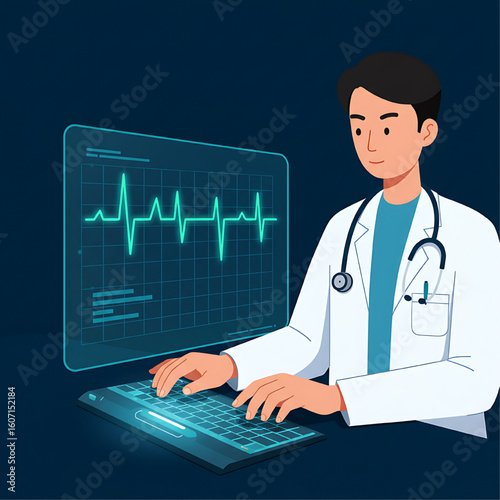 A doctor using a computer with a holographic EKG display.