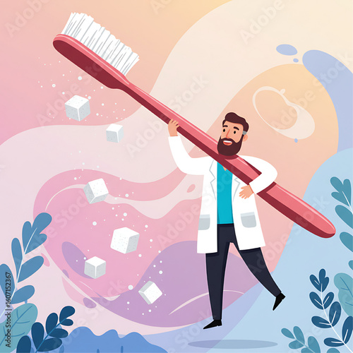 A cartoon doctor with a giant toothbrush fights sugar cubes, highlighting dental health and the dangers of excessive sugar consumption.