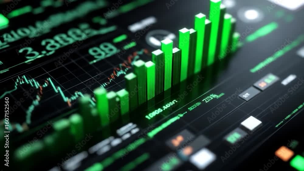 Green Stock Market Growth: Rising Bar Chart and Financial Data Display Green Stock Market Growth: Rising Bar Chart and Financial Data Display