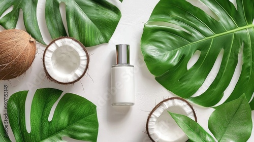 Natural Beauty Products with Coconut and Tropical Leaves on a White Background for Skincare and Wellness Concepts