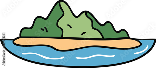 A cartoon illustration of a small, idyllic island with green hills, a sandy beach, and surrounding blue water.