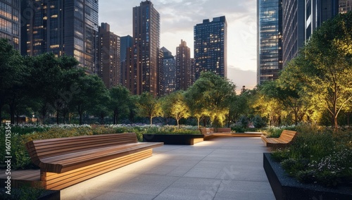 Urban park at dusk, lit by warm light.  Modern benches line a paved walkway amid lush greenery, framed by towering city buildings
