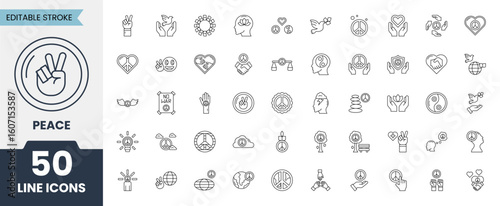 Peace outline icon set. Editable stroke. Vector illustration