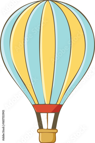 A cheerful, cartoon-style hot air balloon with blue and yellow stripes, ready for flight.