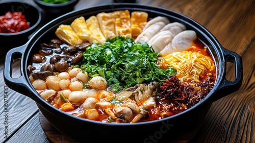 Colorful Hot Pot with Fresh Vegetables, Seafood, and Tofu in a Black Bowl on a Wooden Table