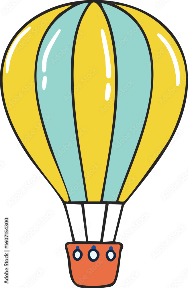 Obraz premium Cartoon illustration of a hot air balloon with yellow and blue stripes, and an orange basket.