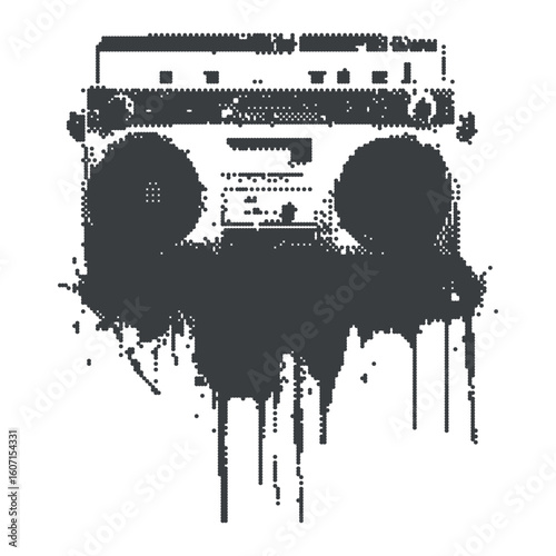 Halftone boombox with dripping ink in grunge spray photocopy style. Urban hip hop graffiti art icon sticker for retro culture, nostalgic audio, album, covers. Street music illustration. 