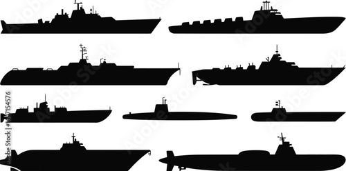 Collection of navy ship silhouettes isolated on transparent background