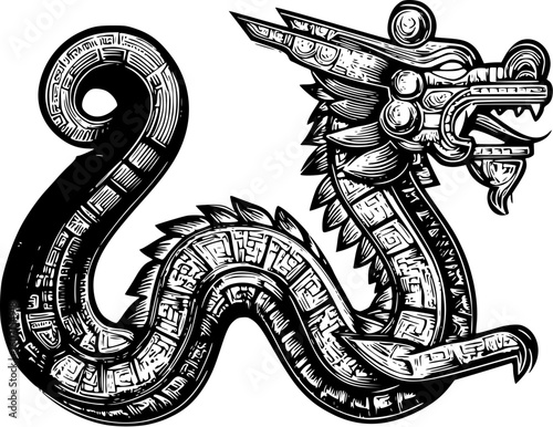 Aztec Feathered Serpent Vector Illustration – Quetzalcoatl Line Art in Black and White