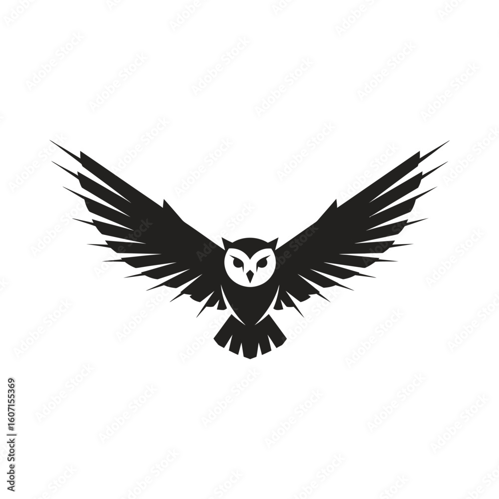 Fototapeta premium A minimalist flying owl logo, a bold graphic emblem with wings spread, representing wisdom. Content-Type application/json for modern design.