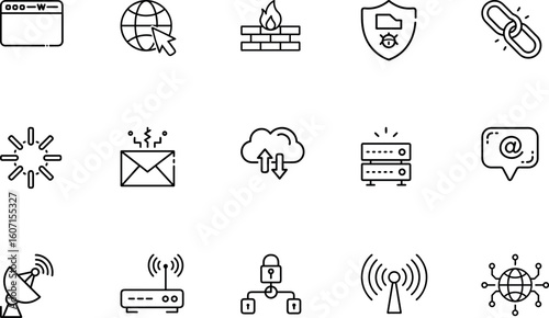 Minimal internet and networking icons – Wi-Fi, server, cloud sync, VPN, and browser