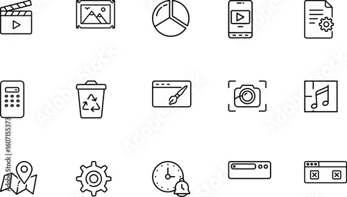 Minimal software and app icons – settings, media, tools, charts, and productivity UI

