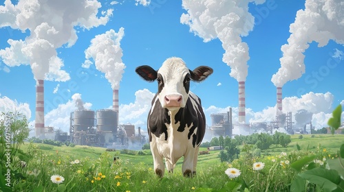Cow on Green Pasture with Industrial Smoke Stacks in Background Illustrating Environmental Impact and Agriculture Challenges