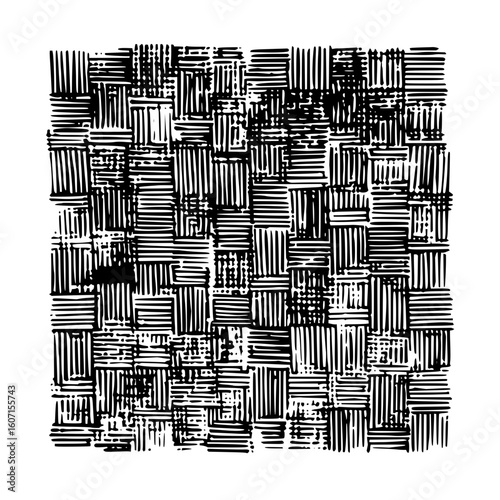 Hand drawn black and white abstract pattern featuring a woven grid of horizontal and vertical lines