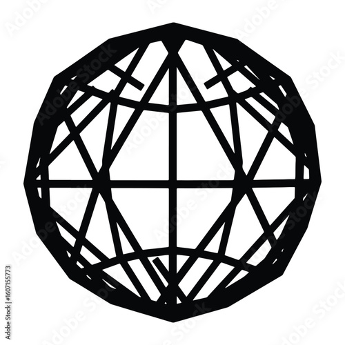 Abstract geometric sphere structure in black and white illustrating connectivity and networks