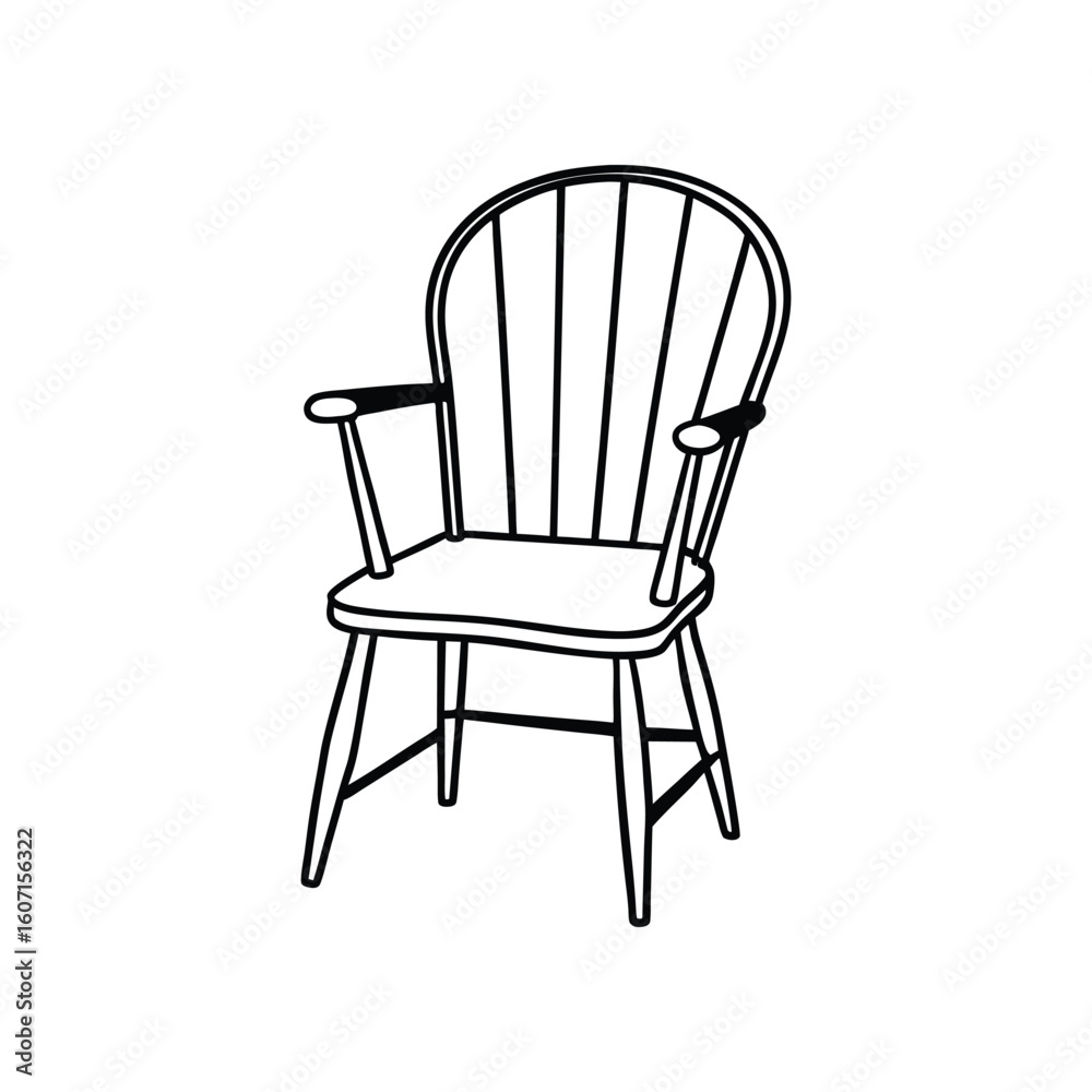 Vector Outline Illustration of Windsor Chair Isolated on White Background