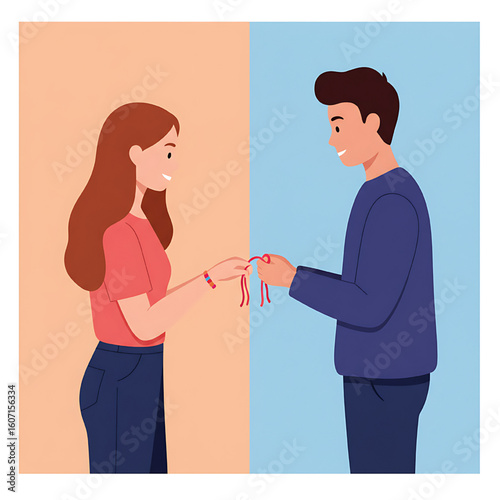 Two people, a man and a woman, tying friendship bracelets together, smiling.