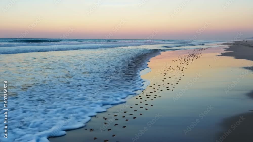 A tranquil coastal scene with a flock of sandpipers running along the shoreline at sunset, their reflections mirrored in the wet sand.