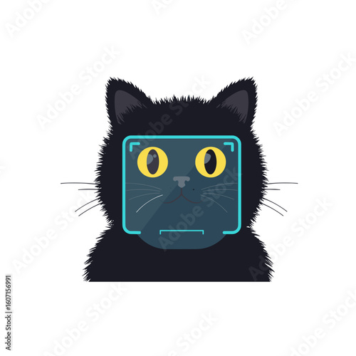 Flat icon of black fluffy cat protecting biometric scanner, cybersecurity, isolated