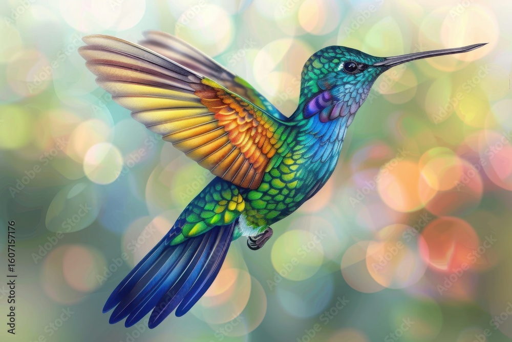 Obraz premium Hummingbird - Golden tailed sapphire. Hand drawn vector illustration of a flying Golden tailed sapphire hummingbird with colorful glossy plumage on transparent background