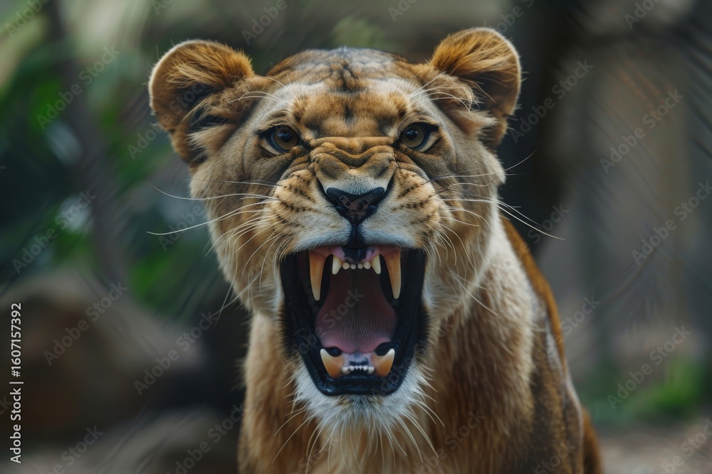 Naklejka premium Lioness displaying dangerous teeth