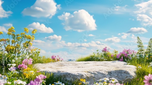 Serene Landscape with Colorful Flowers and Lush Greenery Under Bright Blue Sky with Fluffy Clouds