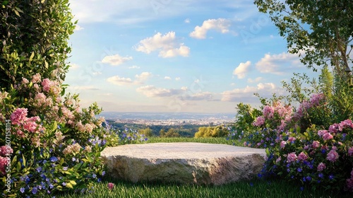Serene Garden Scene with Colorful Flowers and Scenic View Under a Blue Sky
