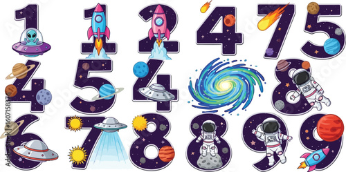 Space themed numbers from one to nine with planets rockets and astronauts illustration