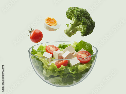 Fresh and Healthy Salad with Broccoli, Cherry Tomatoes, Tofu, and Egg.