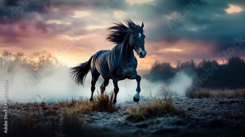 Black horse running on misty field at sunset with dramatic sky and wild grass background creating powerful dynamic scene evoking freedom and mystery
