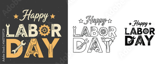 Happy labor day vector illustration with tools and gear for holiday design template