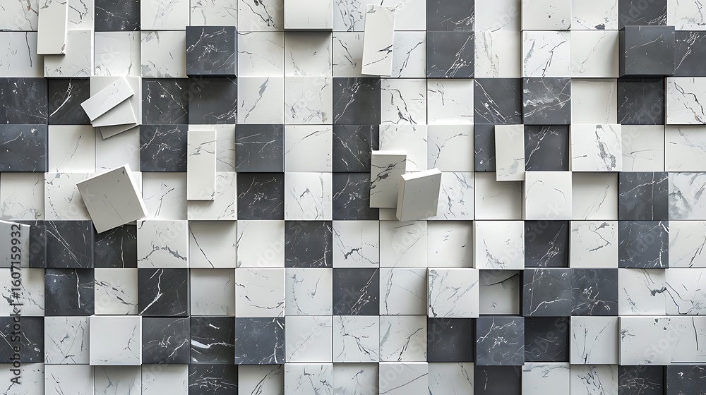 realistic 3D render of a geometric mosaic wall composed of overlapping white and black marble squares, slight depth variation creating shadow play, isolated on a neutral grey