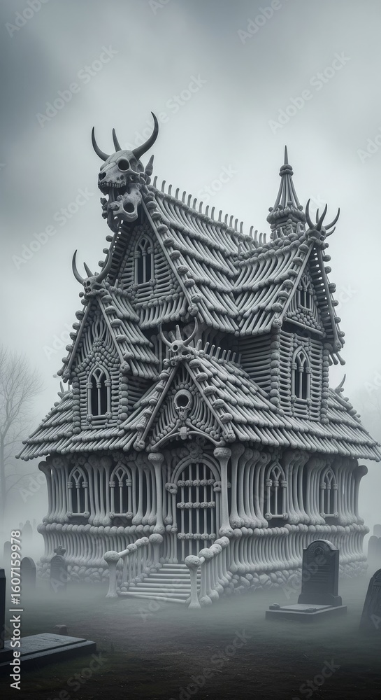 Fototapeta premium Creepy house entirely made of bones nestled in a foggy graveyard, Halloween