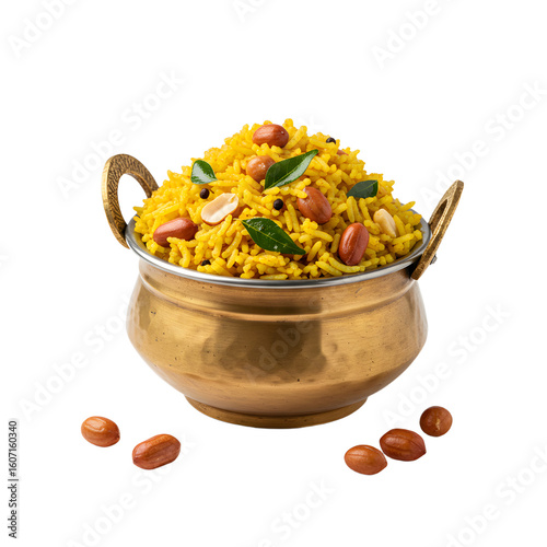 Serving tamarind rice with peanuts in a decorative brass bowl
