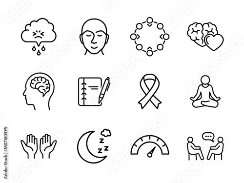 Mental health and wellness icon set, Including brain, therapy, meditation, anxiety, stress relief, self-care, support group, mindfulness and more, flat vector illustration