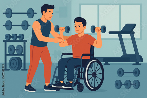 Young Man in Wheelchair Strength Training at Gym