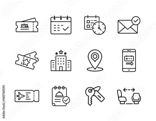 Online booking and reservation icon set. Vector black glyph icons of calendar, hotel, flight, ticket, seat selection, mobile app, location pin, and confirmation.