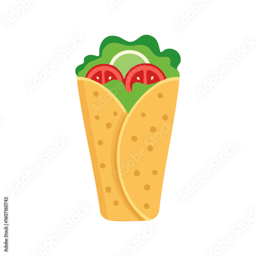 A delicious wrap with fresh ingredients. This appetizing dish features a delightful combination of tomatoes, lettuce, and onions wrapped in a soft tortilla