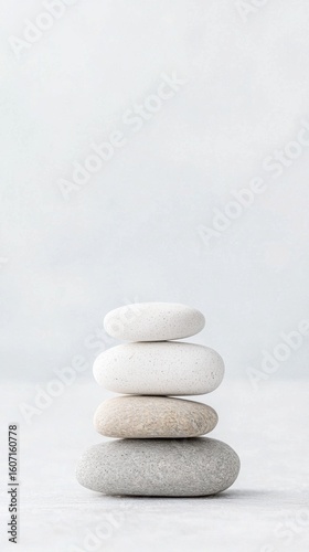 Balanced smooth stones representing zen concept, showcasing minimalist harmony and tranquil equilibrium against pristine white surface
