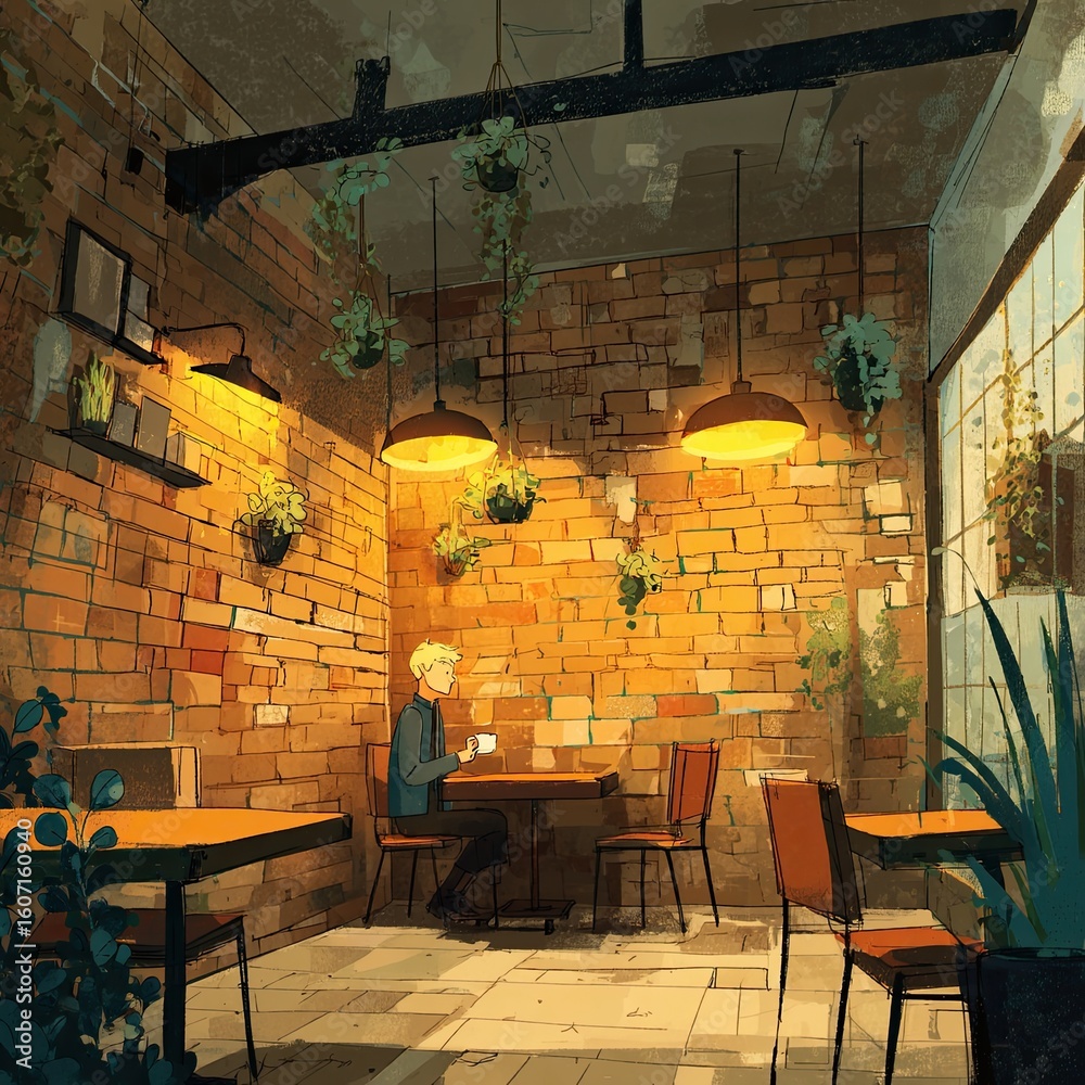 Naklejka premium Cozy coffee shop interior with wooden tables 3