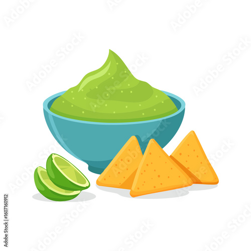 A delicious serving of guacamole with tortilla chips and lime slices, perfect for snacking