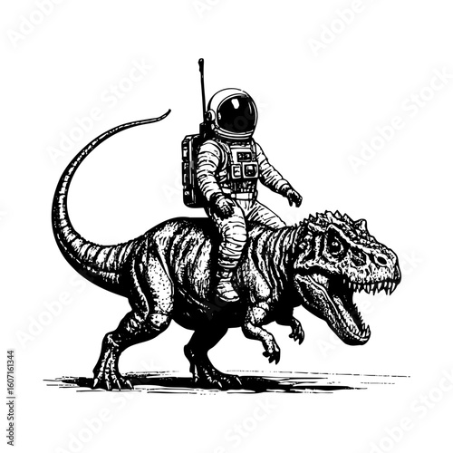 Astronaut ride tyrannosaurus sketch engraving black and white outline. Scratch board imitation.