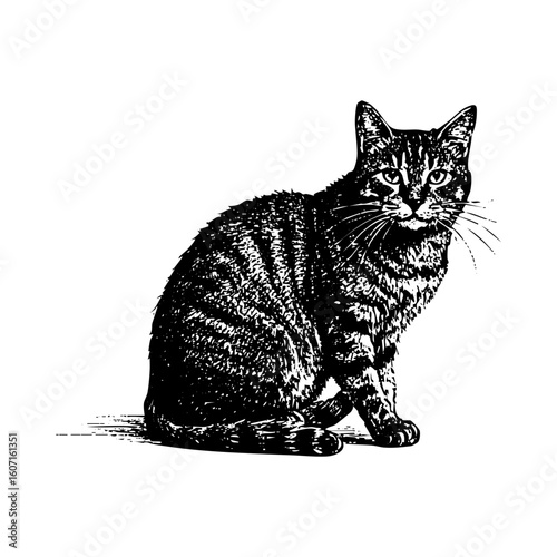 Cute cat sketch engraving black and white outline. Scratch board imitation.  illustrated in vintage line art style on a white background.