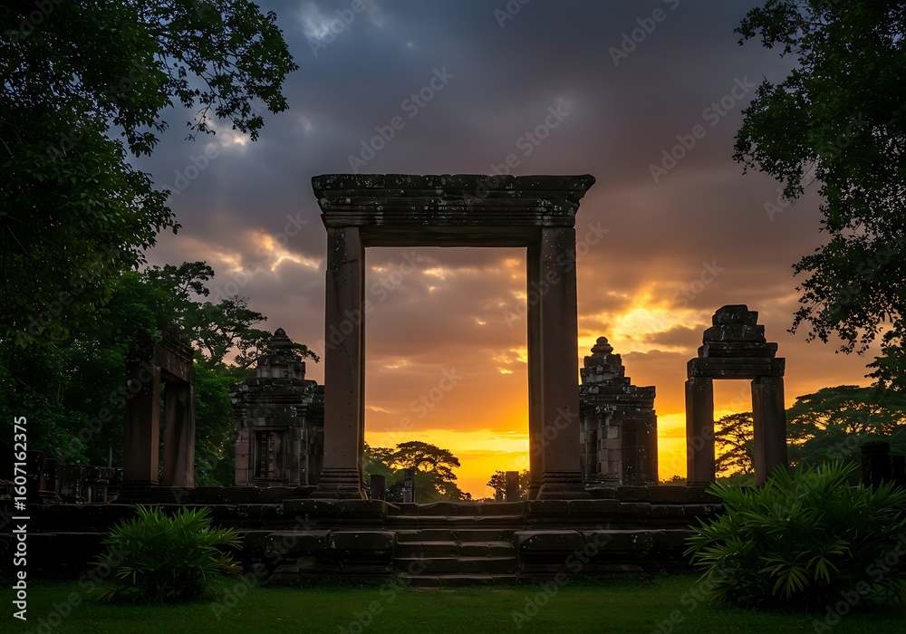 Fototapeta premium Dramatic Ancient Khmer Temple Ruins Silhouette at Sunset Landscape Scenery