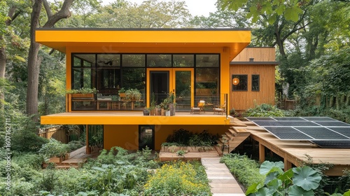 Modern, bright yellow house nestled in trees, featuring a large deck and solar panels