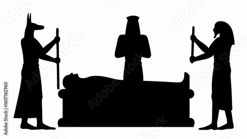 Silhouette depiction of anubis and horus flanking a sarcophagus with a figure standing behind it | editable eps vectors